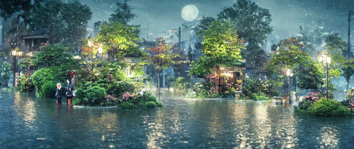 Image similar to carriership landing on raining night at flooded miniature city, emotion is on the rise on the town, cute style garden, octane render, trees, evergreen, patio, garden, wet atmosphere, tender, soft light misty yoshitaka amano, and artgerm, pixel art