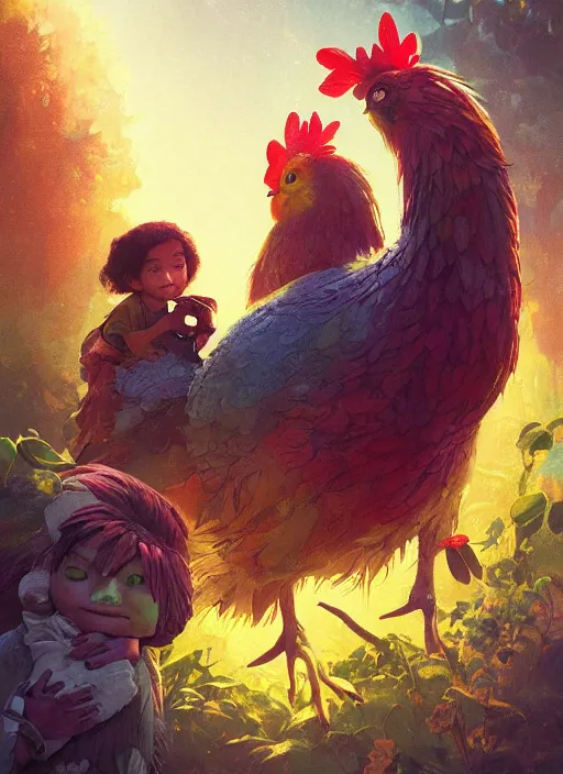 Prompt: a hen and her two children in a colorful movie by nuri iyem, james gurney, james jean, greg rutkowski, anato finnstark. pixar. hyper detailed, 5 0 mm, award winning photography, perfect faces