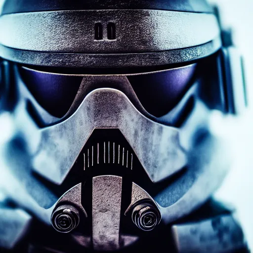 Image similar to close - up cyberpunk stormtrooper, moody lighting, 8 k, shallow depth of field, cinematic lighting,