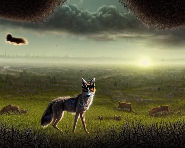 Prompt: a single coyote warns a single innocent black haired girl of quantum apocalyse. intricate, 8 k detail, animation cinematic, anime, matte sharp painting, pastoral backyard setting, city view in the distance, ultrafine hyperdetailed illustration, hyperrealism art glamorous sci - fi poster, whimsical botanical illustration