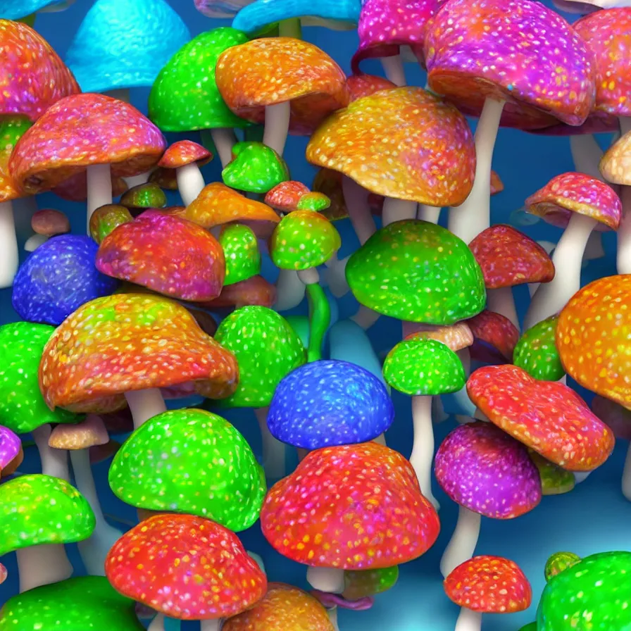 Prompt: colorful mushrooms, a computer render by jonathan zawada, flume, a 3 d render, featured on polycount, shutterstock contest winner, psychedelic art, psychedelic, rendered in cinema 4 d, 3 d