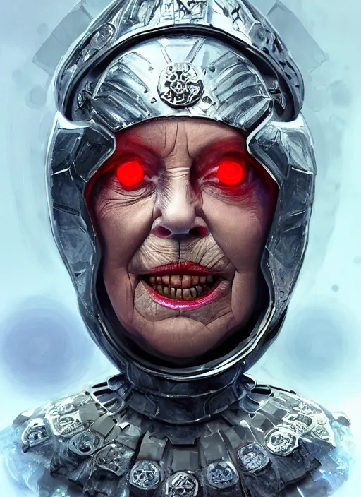 Image similar to old! queen elizabeth! in futuristic battle armor, face! visible, face visible, face visible, glowing lights, detailed, realistic, intricate, trending on artstation