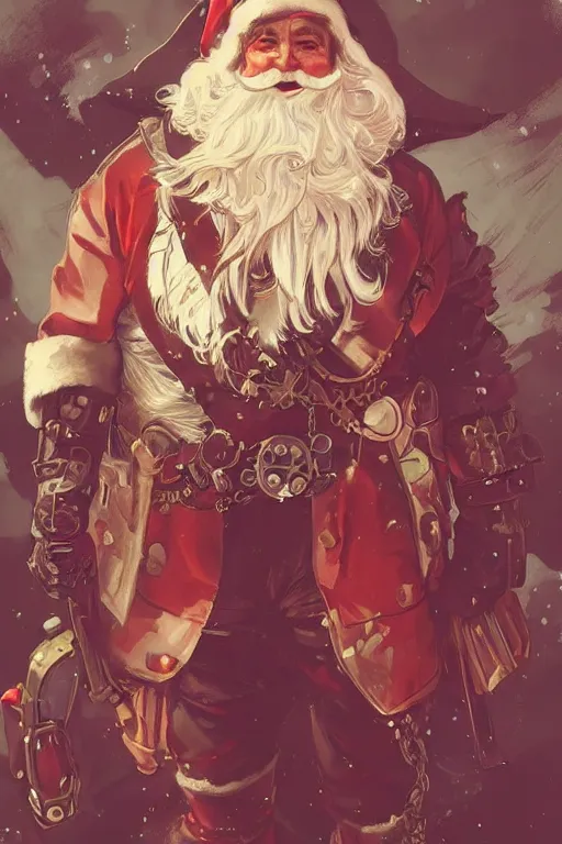 Prompt: evil santa claus steampunk half - cyborg cowboy, pelt coats, high fantasy, dnd, smooth, sharp focus, illustration, highly detailed, digital painting, artstation, concept art, by rossdraws, alphonse mucha, frank fanzzeta, collectible card art