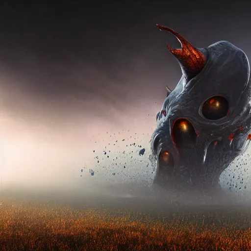 Prompt: unknown menacing slime dripping wet nightmarish hellish visceral alien creatures, staring you down, moor field, fog, rain, volumetric lighting, beautiful, golden hour, sharp focus, ultra detailed, cgsociety