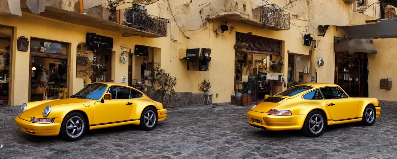 Image similar to Photo of a copper yellow Porsche 911 Carrera 3.2 parked in front of a cafe in Cyprus, daylight, dramatic lighting, award winning, highly detailed