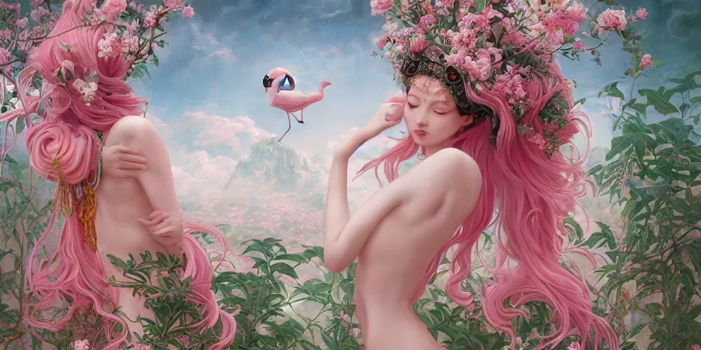 Prompt: breathtaking detailed concept art painting of the goddess of flamingo with pink hair, orthodox saint, with anxious, piercing eyes, ornate background, amalgamation of leaves and flowers, by Hsiao-Ron Cheng and John James Audubon and Miho Hirano, extremely moody lighting, 8K