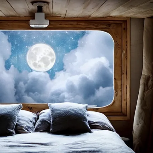 Image similar to Cozy bedroom aboard a flying ship window looks on moonlit clouds and stars, soft bed blankets log cabin walls hyperrealism