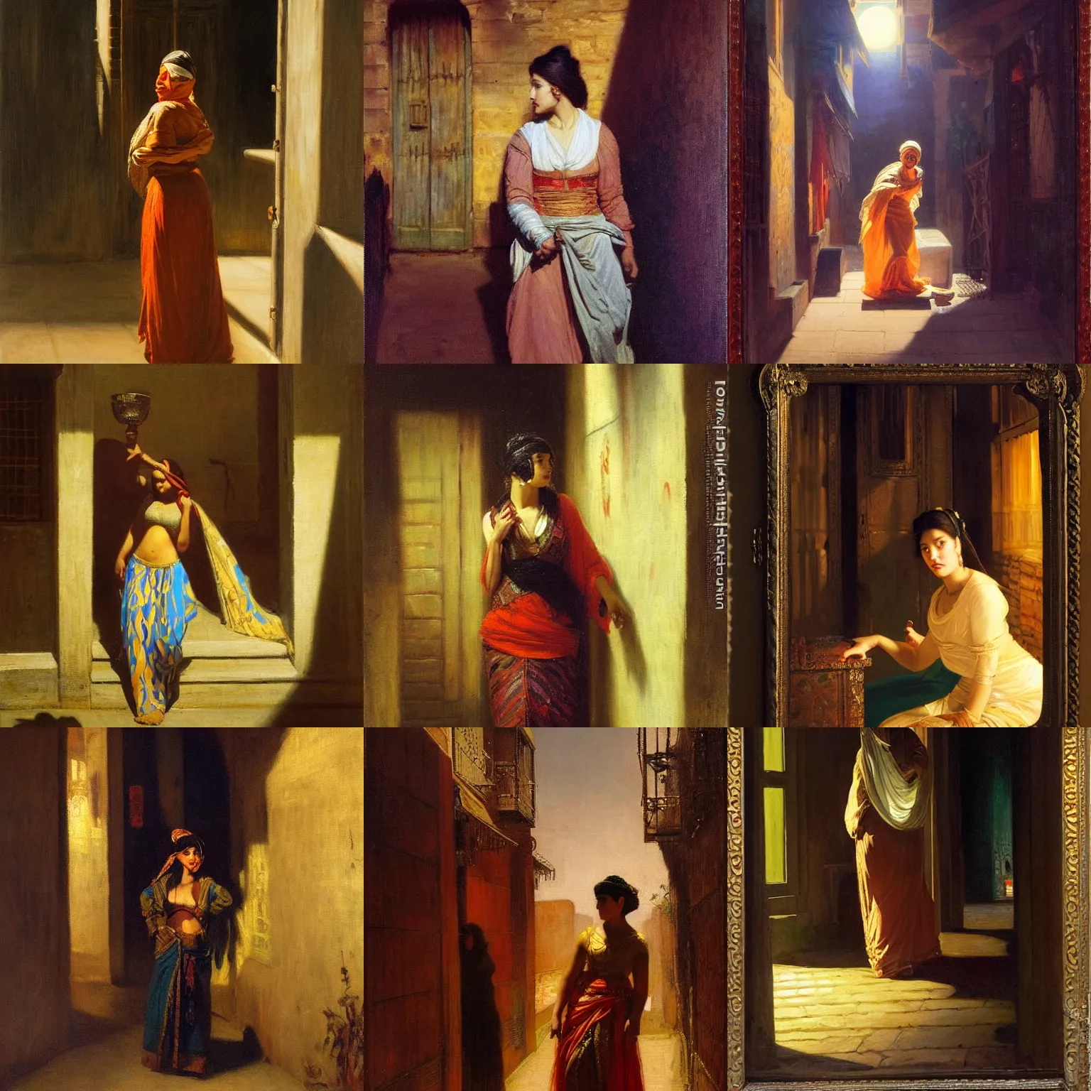 Prompt: orientalism painting female criminal in a moonlit alley by edwin longsden long and theodore ralli and nasreddine dinet and adam styka, masterful intricate art. oil on canvas, excellent lighting, high detail 8 k