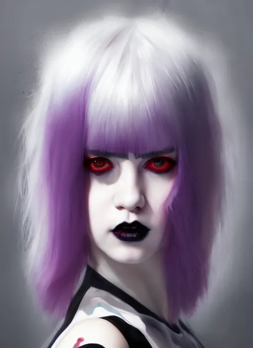 Image similar to portrait of white teenage girl, normal face, white bangs, mall goth, cyberlox, black and white hair, bangs, fluffy bangs, red contact lenses, purple lipstick, intricate, elegant, highly detailed, digital painting, artstation, concept art, sharp focus, smooth, illustration, art by wlop, mars ravelo and greg rutkowski