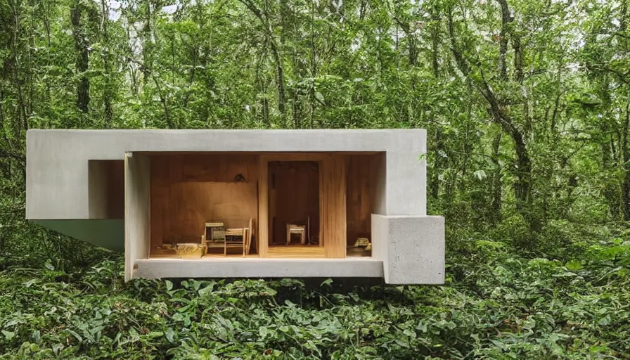 Image similar to A wide image of a full innovative contemporary 3D printed prefab sea ranch style cabin with rounded corners and angles, beveled edges, made of cement and concrete, organic architecture, in a lush green forest Designed by Gucci, Balenciaga, and Wes Anderson, golden hour