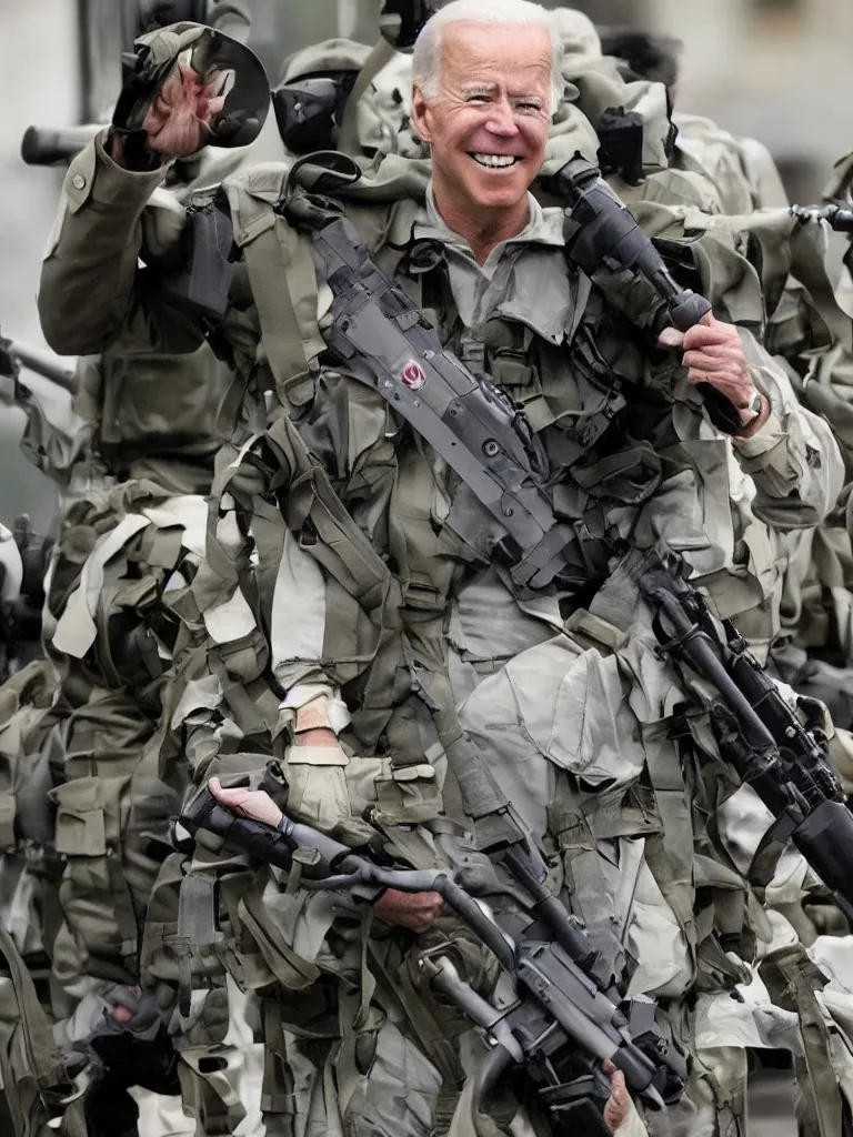 Image similar to Joe Biden carrying a M2 Browning machine gun, AP photography, full body shot, dynamic pose