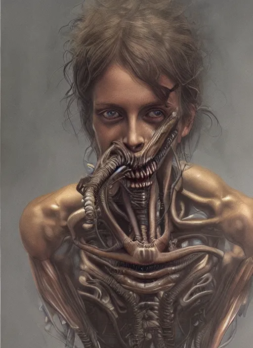 Image similar to a hyper detailed face portrait of ellen ripley becoming a xenomorph, by tom bagshaw, by zdzisław beksinski, trending on artstation