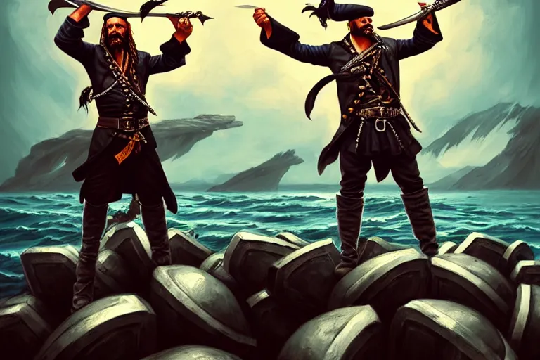 Image similar to an epic hyperrealistic fullbody portrait of a pirate captain in masculine pose standing on a pile of skulls and pointing his sword to the horizone over the sea. by boris valejho in style of waldemar von kozak. trending on artstation. deviantart. darkfantasy pirate portrait illustration.
