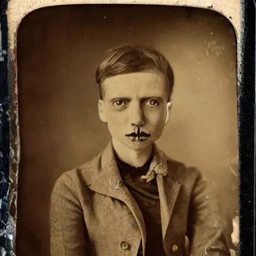 Image similar to tintype vintage photographs of aliens, cryptids, cyborgs, post apocalyptic humans, and time travelers