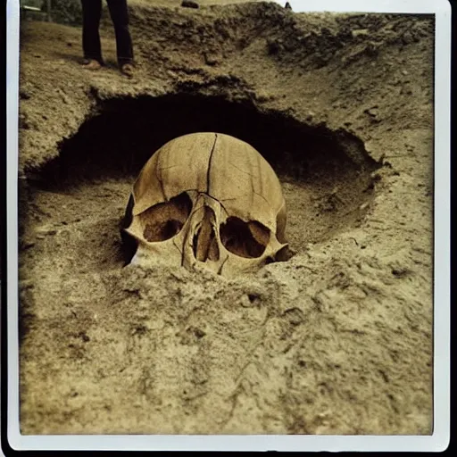 Prompt: Giant skull found at excavation site, an archaeologist stands next to the skull and is dwarfed by it, damaged 80s polaroid photo