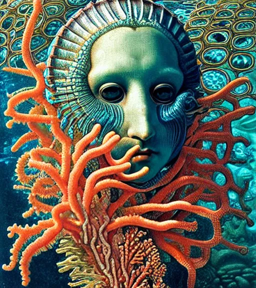 Image similar to hyperrealistic detailed underwater face portrait of the beautiful god of the fish with an intricate headgear of corals, sea kelp, sea plants, fish, starfish, jellyfish, art by ernst haeckel, james jean, john william godward, gothic, neo - gothic, ornamental, beautiful deep colours,