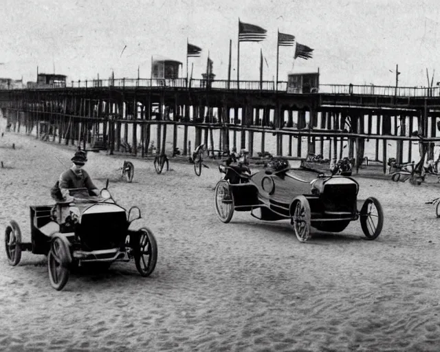 Prompt: a photo from the early 1900s of two people racing in electric cars, on a beach, with the Coney Island boardwalk in the background