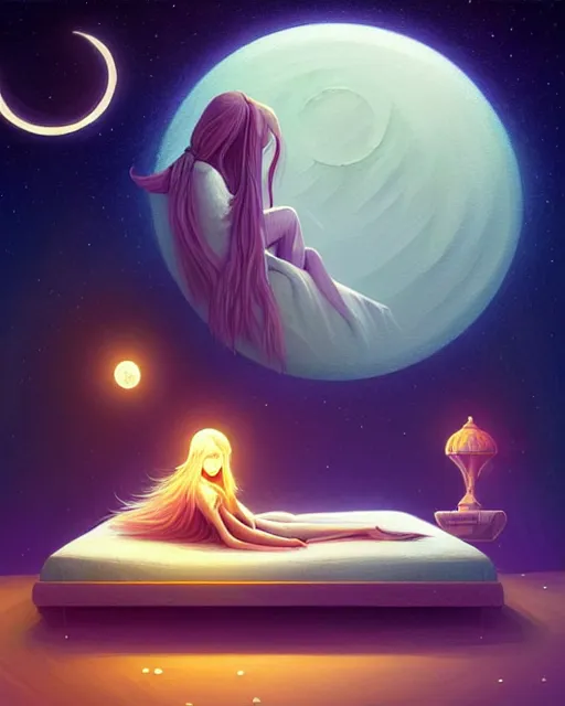 Prompt: beautiful painting of a elven sleeping on her bed with a smiling moon over her, art by mike winkelmann and by petros afshar, sky night, illustration, highly detailed, simple, smooth and clean vector curves, no jagged lines, vector art, smooth, artstation