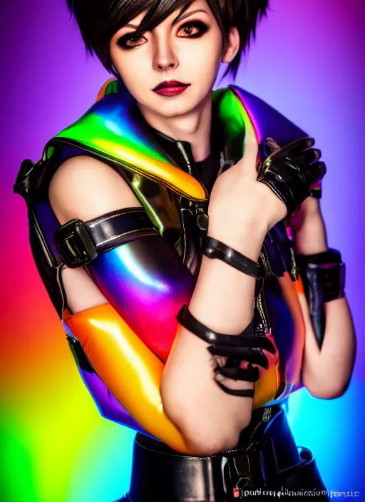 Image similar to hyperrealistic style portrait of tracer overwatch, confident pose, wearing black iridescent rainbow latex, rainbow, neon, 4 k, expressive happy smug expression, makeup, in style of mark arian, wearing detailed black leather collar, wearing sleek armor, black leather harness, expressive detailed face and eyes,