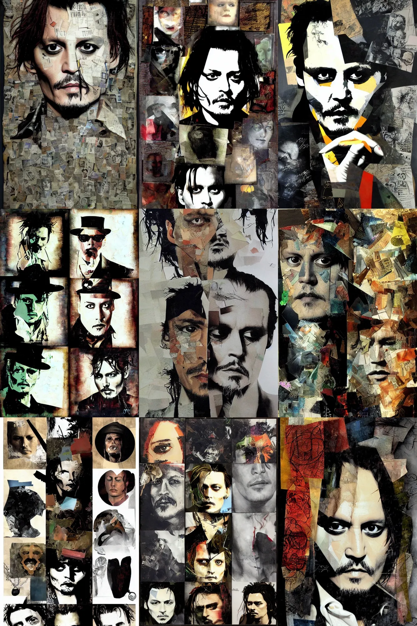 Prompt: Johnny Depp, multi-material collage portrait by Dave McKean