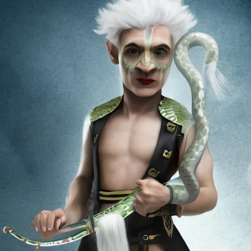 Prompt: a white haired snake soldier with a snake head, fantasy, 4 k, inspired by pixar