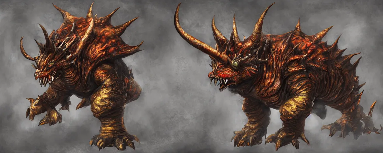 Image similar to concept art of bowser with huge horns and scales and talons, resident evil, horror, occult, terror, mist, volumetric render, digital painting, detailed painting