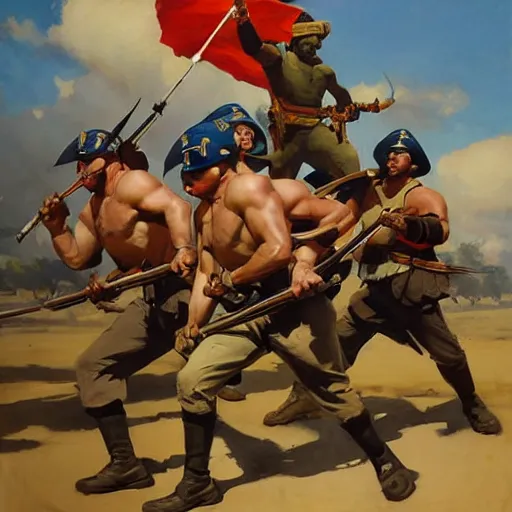 Image similar to greg manchess painting of a propganda poster of a group of men charging at the enemy wearing military uniform, painting, trending on artstation, by huang guangjian and gil elvgren and sachin teng