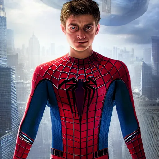 Image similar to hyperrealistic mixed media high resolution painting of Peter Parker as Spiderman , stunning 3d render inspired art by Jamie Salmon and István Sándorfi and Unreal Engine and Greg Rutkowski, perfection, dim volumetric lighting, 8k octane beautifully detailed render, full body shot, post-processing, extremely hyper-detailed, intricate, epic composition, highly detailed attributes, highly detailed atmosphere, cinematic lighting, masterpiece, trending on artstation, very very detailed, masterpiece, stunning, flawless completion, lifelike texture, perfection,