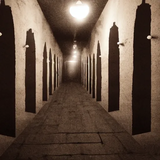 Prompt: A dark hallway made of red sandstone lit up by primitive torches. Red hooded figures stand next to the torches. With there faces hidden by shadow.