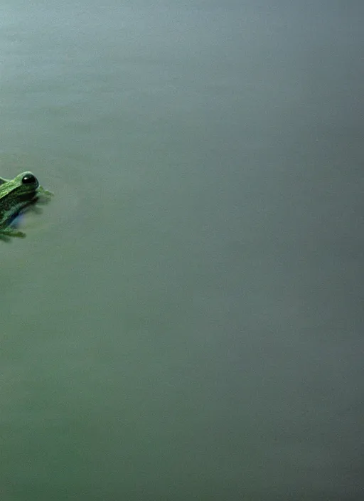 Image similar to semi translucent smiling frog amphibian hovering over misty lake in Jesus Christ pose, cinematic shot by Andrei Tarkovsky, paranormal, spiritual, mystical