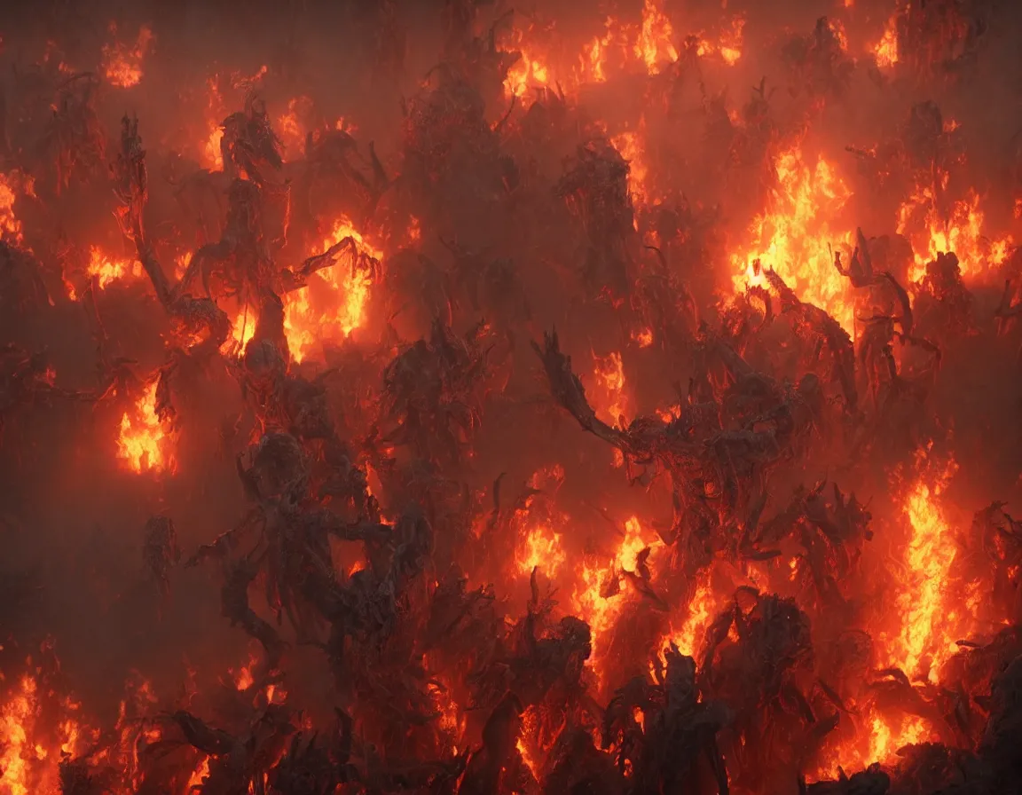 Image similar to undead in burning hell trying to reach for heaven above. artstation. highly detailed painting. realistic. cinematic. volumetric lighting. octane render.