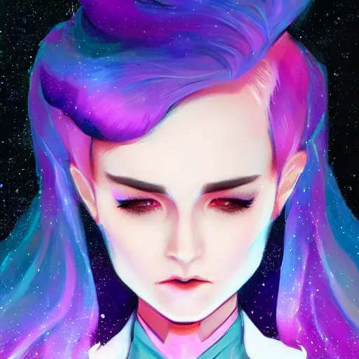 Prompt: a nonbinary changeling wearing a starry cloak, aurora colored hair, starry eyes, curious expression, character art, trending on artstation, artgerm, 4k ultra hd, sharp focus, digital art by Ilya Kuvshinov and Ross Tran,