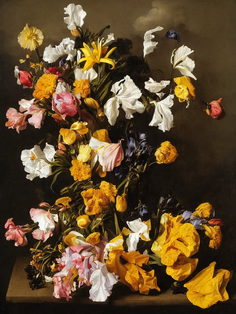 Prompt: painting, Dutch style, old masters, Jan Davidszoon de Heem, still life with flowers, iris, marigold, rose, lilies,