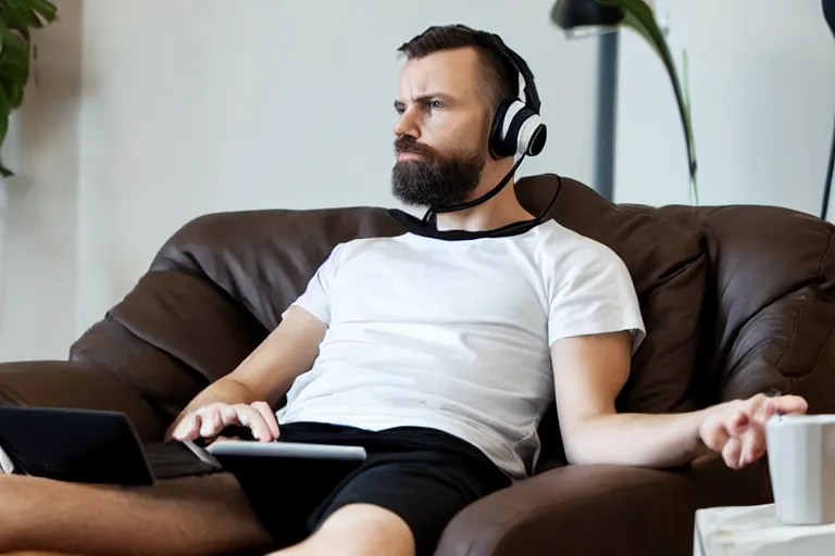 Image similar to a caucasian man who is deep in thought is wearing a white t - shirt and he is wearing black sweat pants and he is wearing headphones and he has a laptop computer sitting on his lap and he is sitting in a brown leather chair and the chair is in the reclining position and the man's legs are resting on the recliner of the chair