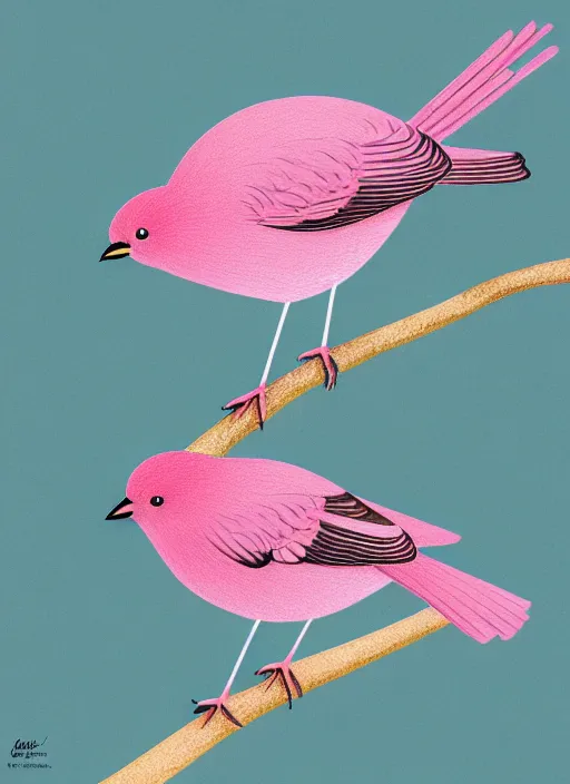 Prompt: a beautiful and detailed illustration of a pink robin bird standing on a branch, balanced and aesthetically pleasing natural and pastel colors, texture patterns, white paper background