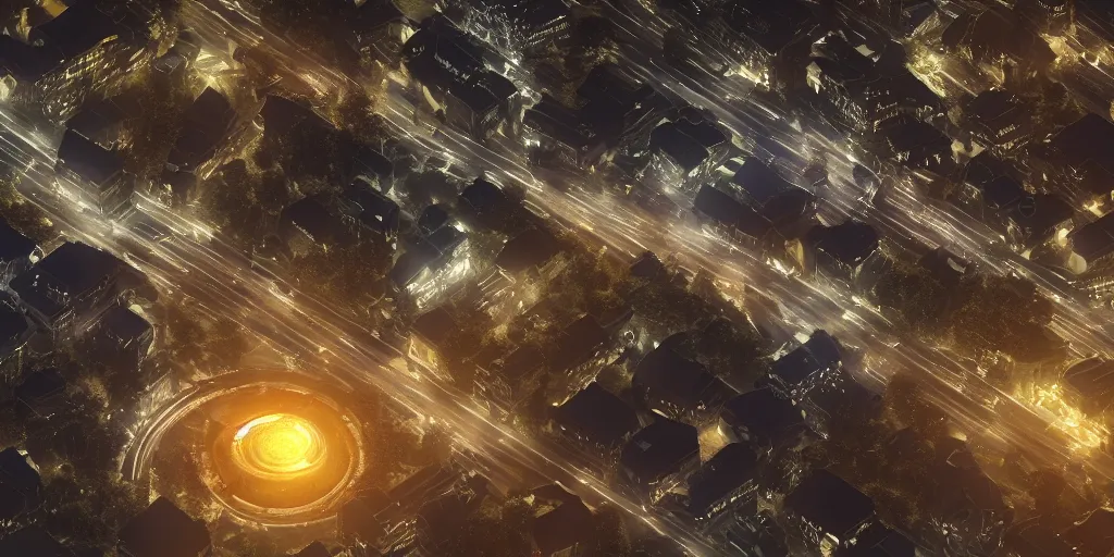 Image similar to a lot of policemens protecting a huge spiral - shaped very bright luminous object that floating on the ground right in the center of the city from protesting people, night, rain and light fog, professional lighting, concept art in 3 d, high detail, professional lighting