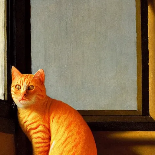 Image similar to a painting of an orange cat staring profoundly into the window, a detailed painting by johannes vermeer, behance, american scene painting, dutch golden age, detailed painting, academic art