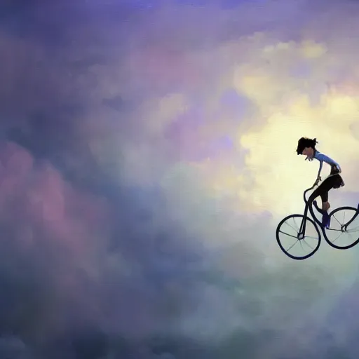 Image similar to A whimsical painting of a boy riding a bicycle flying in the sky through the clouds, painting by Craig Mullins, octane rendering, soft morning lighting, wide angle lens, in the style of Hayao Miyazaki, trending on artstation,