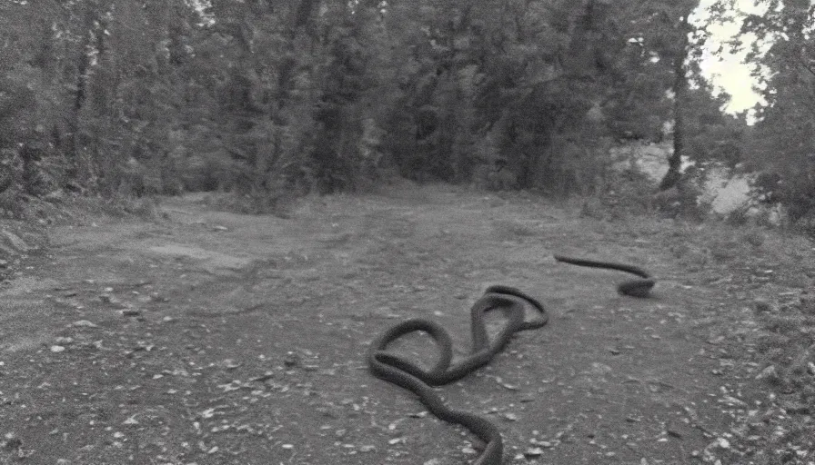 Prompt: a gigantic snake eating an old skinny man in a stalinist style kitchen, mini dv camera found footage, very very low quality picture, heavy grain, caught on security camera, heavy jpeg artifact, night vision very blurry, caught on trail cam, 1 4 4 p, ultra wide lens