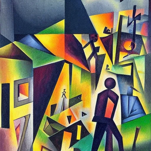 Image similar to cubist painting of ephemeral souls wandering in cemetary shaped like a spiralling maze, cgsociety, masterpiece, art, artwork, oil on canvas