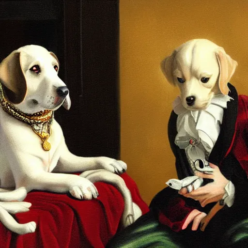 Prompt: Snoop Dogg is smelling a dog, rococo painting, smooth, sharp focus,, pixiv, ultra highly detailed