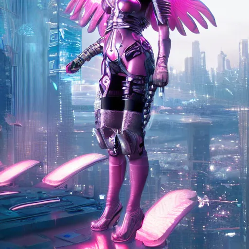 Prompt: cyberpunk valkyrie with pink metal wings, cityscape below, flying, high detail, sharp focus, silver cyber armor, rt by artgerm and greg rutkowski, artstation, unreal engine 5 render