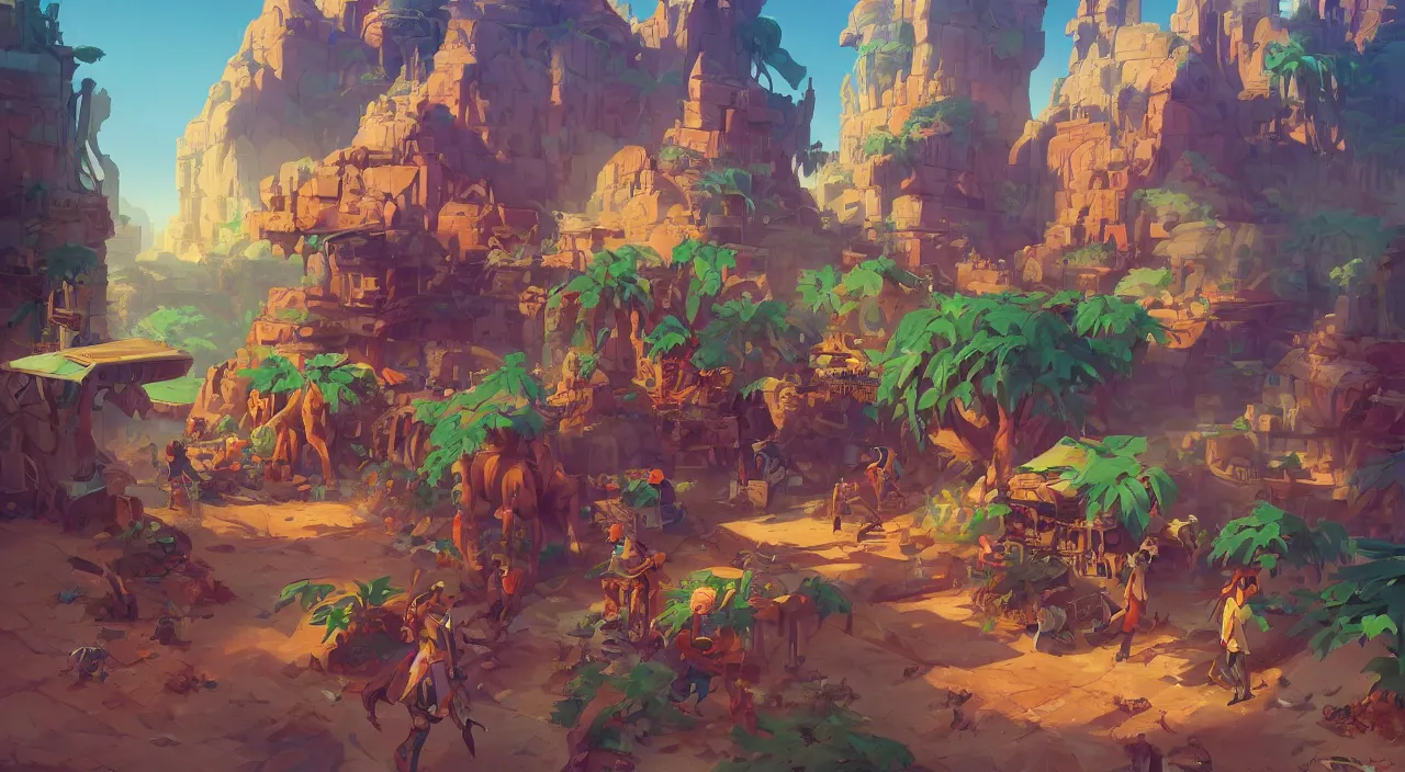 Image similar to arabian marketplace vivid tissu color fabric greeble block jungle dirt ground wood wall fortress volume lighting shine video game icon, 2 d game art gta cover, official fanart behance hd artstation by jesper ejsing, by rhads, makoto shinkai and lois van baarle, ilya kuvshinov, rossdraws