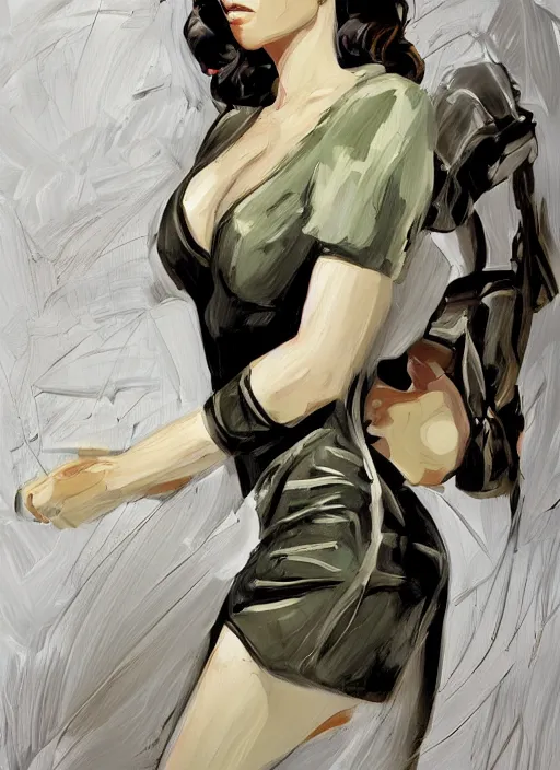 Image similar to detailed artwork by phil noto ; stylized painting of young jennifer connelly from the rocketeer ; brush texture ; asymmetric composition ; paint texture ; trending on artstation ; gallery painting by phil noto in the comic book style of phil noto