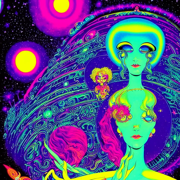 Prompt: cosmic maiden with psychedelic ringed planet, bright neon colors, highly detailed, cinematic, eyvind earle, tim white, philippe druillet, roger dean, lisa frank, aubrey beardsley