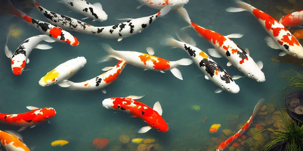 Image similar to koi fish in a pond, dim volumetric lighting, 8 k octane beautifully detailed render, post - processing, extremely hyper - detailed, intricate, epic composition, cinematic lighting, masterpiece, trending on artstation, detailed detailed detailed, stunning art by anders zorn, wonderful masterpiece by greg rutkowski, beautiful cinematic light