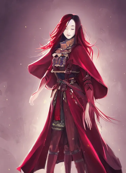 Image similar to a highly detailed illustration of beautiful long dark red haired japanese woman wearing wine red epaulette uniform and coat cape, dramatic wielding strings pose, intricate, elegant, highly detailed, centered, digital painting, artstation, concept art, smooth, sharp focus, league of legends concept art, wlop