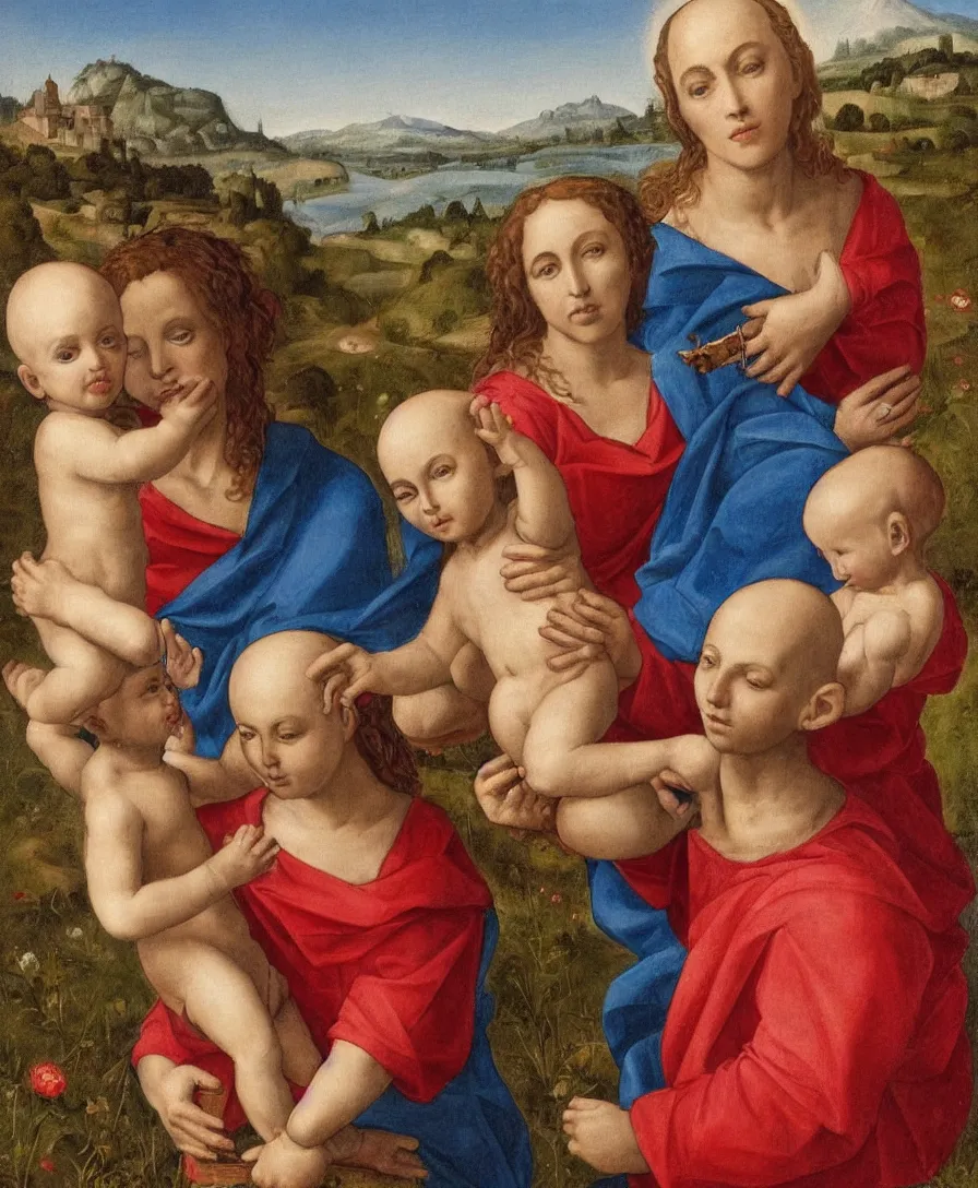 Image similar to Detailed Portrait of Madonna, curly red hair red shirt blue cloth, with infant Jesus, bald, holding a thin cross and fighting with another boy in front of Madonna in the style of Raffael. They are sitting in a dried out meadow near Florence, red poppy in the field. Empty Middleground. On the horizon, there is a blue lake with a town and blue mountains. Flat perspective.