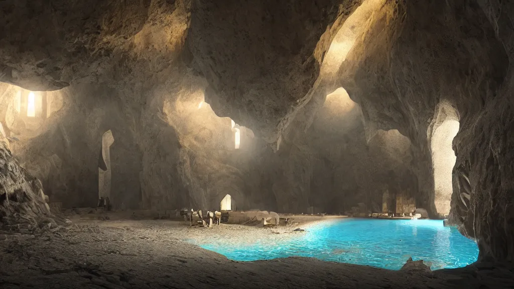 Prompt: A mosque inside a cave, cinematic lighting, god ray, photorealistic, hyperdetailed 3D matte painting, hyperrealism, hyperrealistic, 8k ultraHD octane render