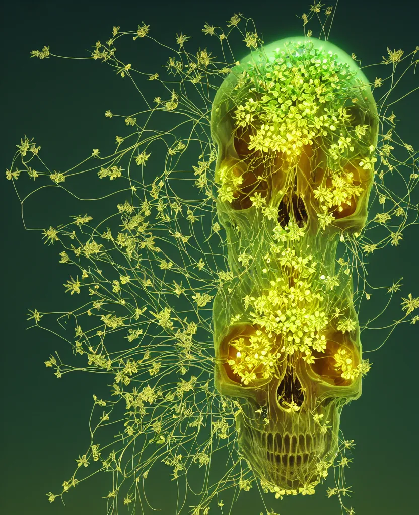 Prompt: beautiful flowers and green sprouts with thorns sprout through a structured disassembled human skull. energy flows of fire and water. fantastic burning jellyfish bioluminiscent, intricate artwork by tooth wu and wlop and beeple. octane render, trending on artstation, greg rutkowski very coherent symmetrical artwork. cinematic, hyper realism, high detail, octane render, 8 k